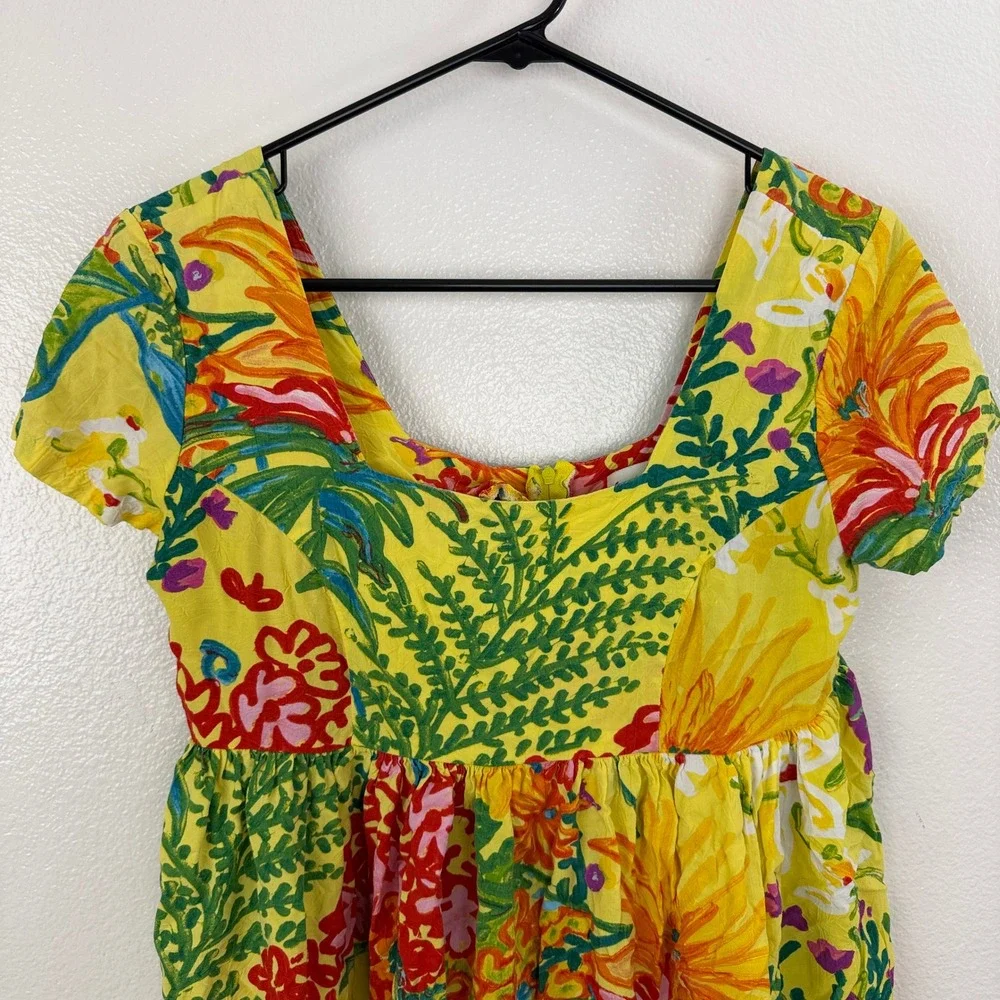 Jam's World Dress Womens Small Yellow Floral Print Short Sleeve Mini Back Zip - Picture 2 of 9